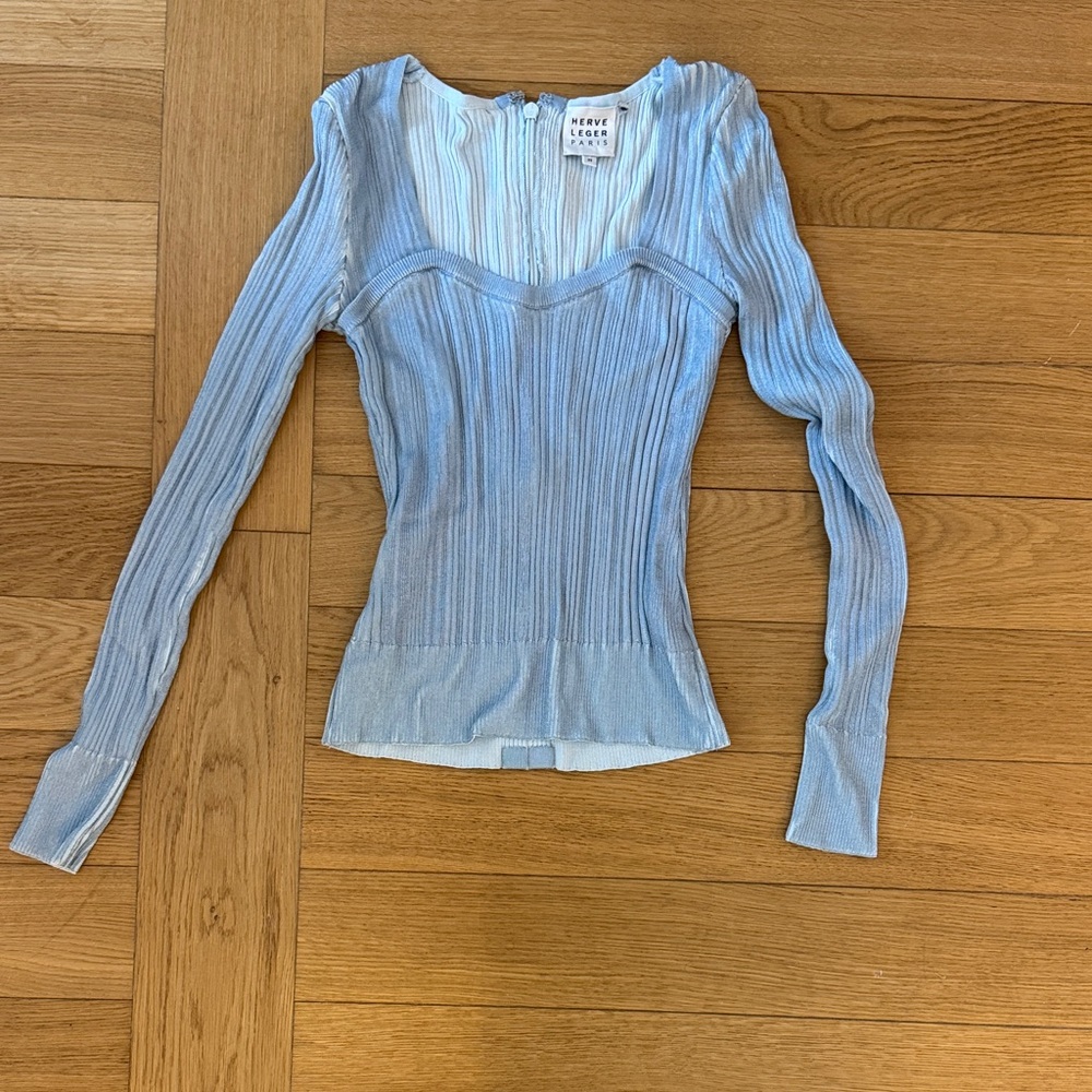 Herve Leger Blue Ribbed Long Sleeve Top